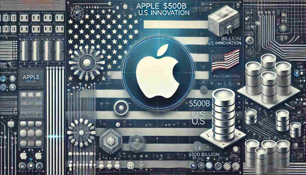 An image illustrating Apple's $500 billion investment in U.S. innovation. The background features a gradient of blue and silver with a subtle American flag pattern. The Apple logo is prominently displayed at the center, surrounded by elements symbolizing innovation, including AI circuitry outlines, server icons, and abstract representations of factories. The title 'Apple $500B US Innovation' is positioned at the top in a modern, bold font.