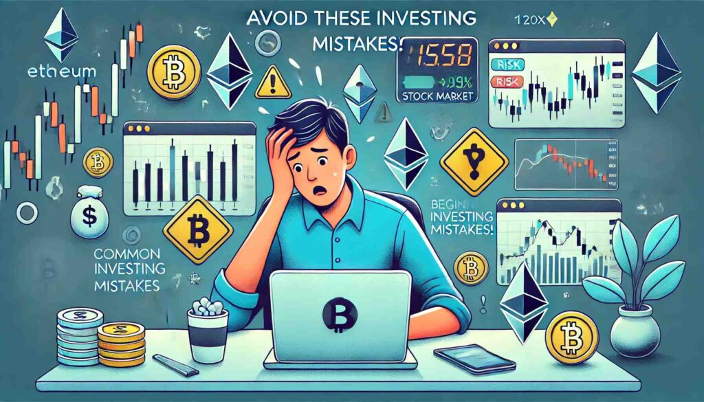 Worried beginner investor looking at stock and crypto charts with Bitcoin and Ethereum symbols, representing investing mistakes.