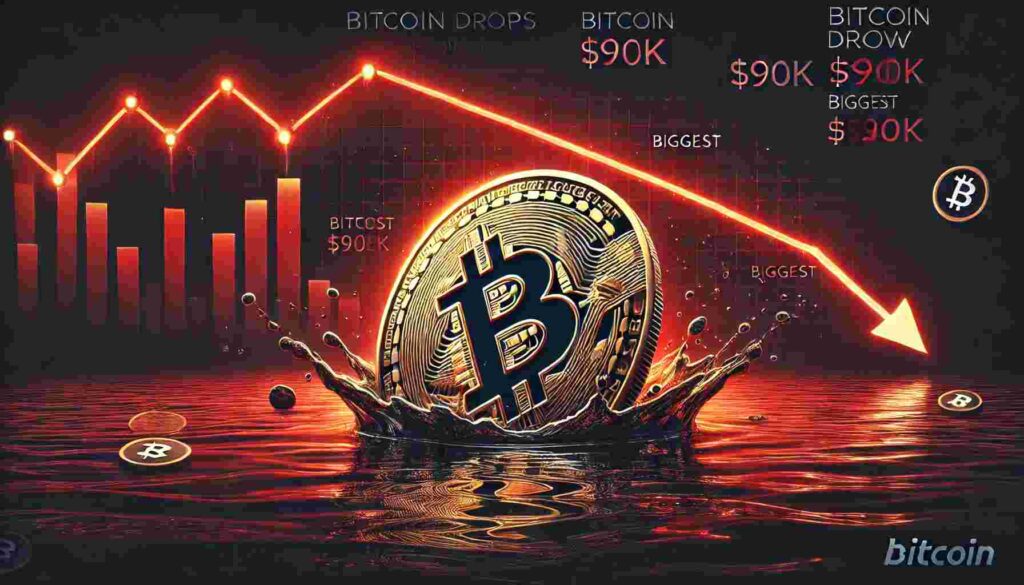 Bitcoin sinking into water with a red downward trend graph in the background, symbolizing a market crash after the Bybit hack.