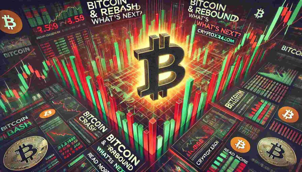 Bitcoin price volatility - sharp drop and rebound with stock market indicators.