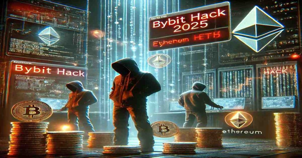 Graphic depicting the Bybit cyberattack – hackers in a dark environment stealing Ethereum, with warning alerts displayed on the screen.