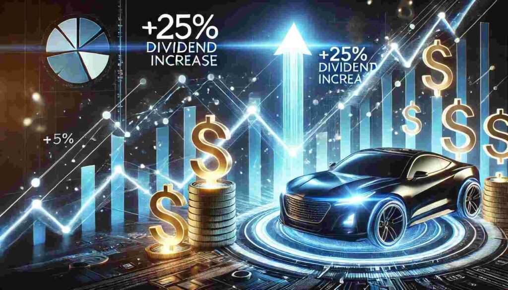 A futuristic, automotive-themed graphic illustrating GM’s 25% dividend increase, featuring a rising stock chart, golden dollar signs, and a sleek black car.