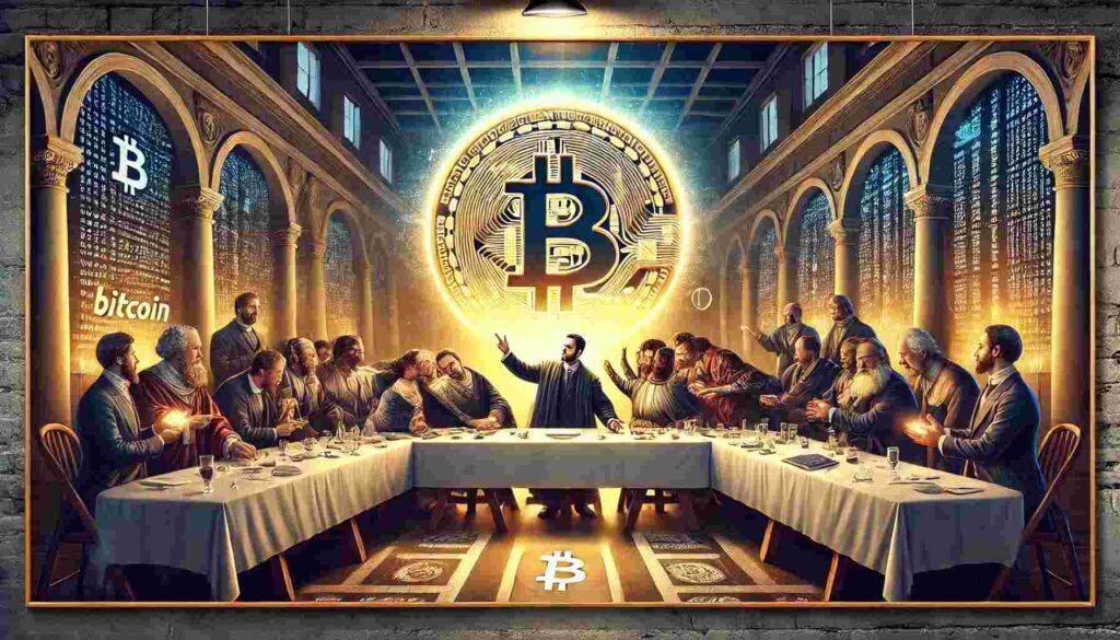 Renaissance-inspired digital painting of a cryptocurrency summit, where business leaders discuss Bitcoin under a glowing BTC symbol in a grand hall.
