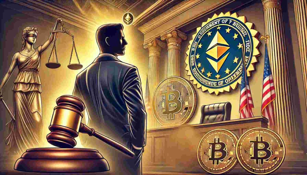 Courtroom with gavel and cryptocurrency symbols representing crypto market manipulation case involving Gotbit CEO.