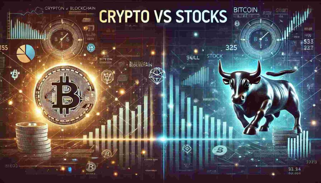 Split-screen image showing a glowing Bitcoin symbol and blockchain elements on the left, and a golden stock market bull with financial charts on the right. Futuristic, tech-finance themed.