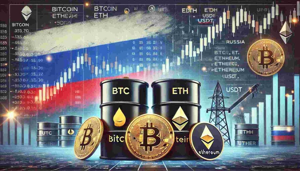 Russia's use of cryptocurrencies in oil trade – digital coins like Bitcoin, Ethereum, and Tether with oil barrels and the Russian flag in the background.