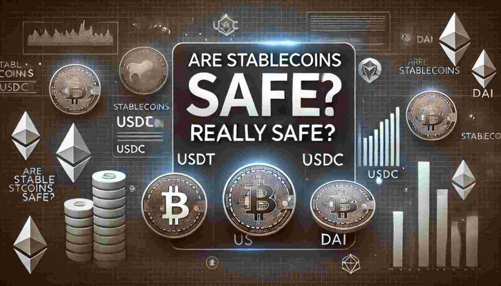 Chart-themed crypto image with USDT, USDC, and DAI coins and the headline 'Are Stablecoins Really Safe?' on a tech-inspired background.