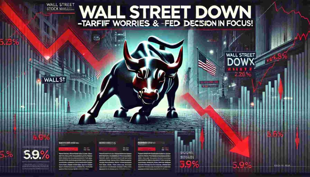 A digital graphic illustrating Wall Street’s decline with red stock market trend lines, percentage drops, and a shadowed Charging Bull, emphasizing financial market uncertainty.