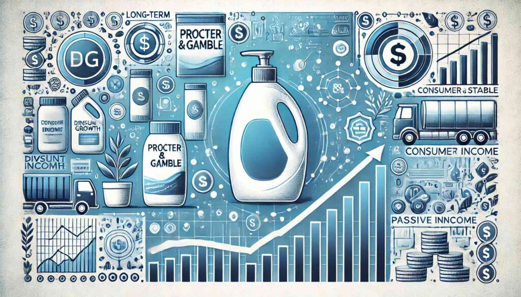 Abstract blog header with household product silhouettes, dividend growth charts, and financial icons, symbolizing long-term investing in consumer staples.