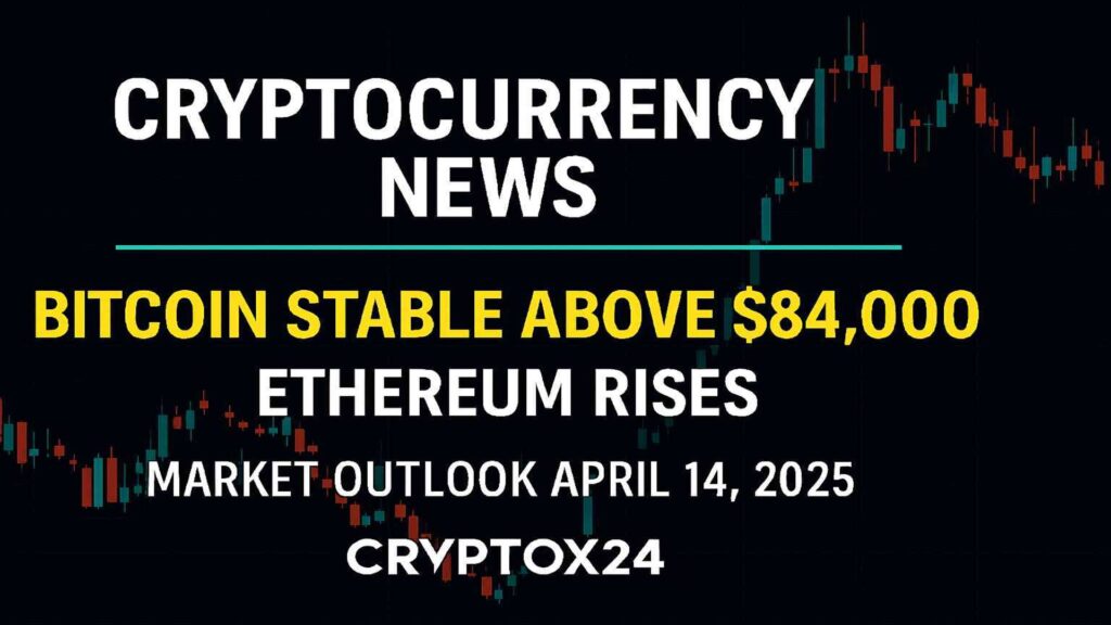 Candlestick chart with headline “Bitcoin stable above $84,000” and “Ethereum rises” on a dark background – April 14, 2025 crypto market update.