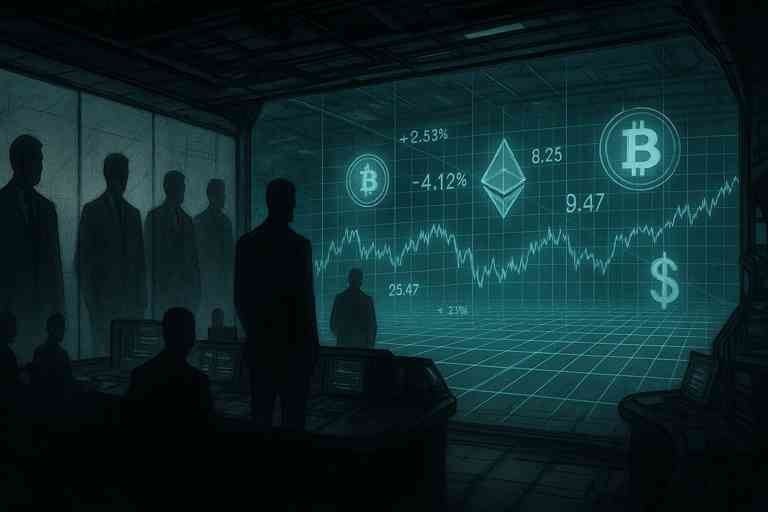 A dark, futuristic control room with anonymous silhouettes in suits monitoring glowing cryptocurrency charts projected on a large holographic screen.