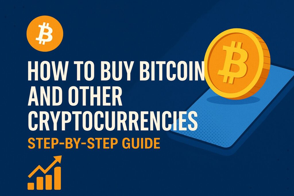 Banner image for a step-by-step guide on how to buy Bitcoin and other cryptocurrencies in 2025, featuring a Bitcoin symbol and growth chart on a dark blue background.