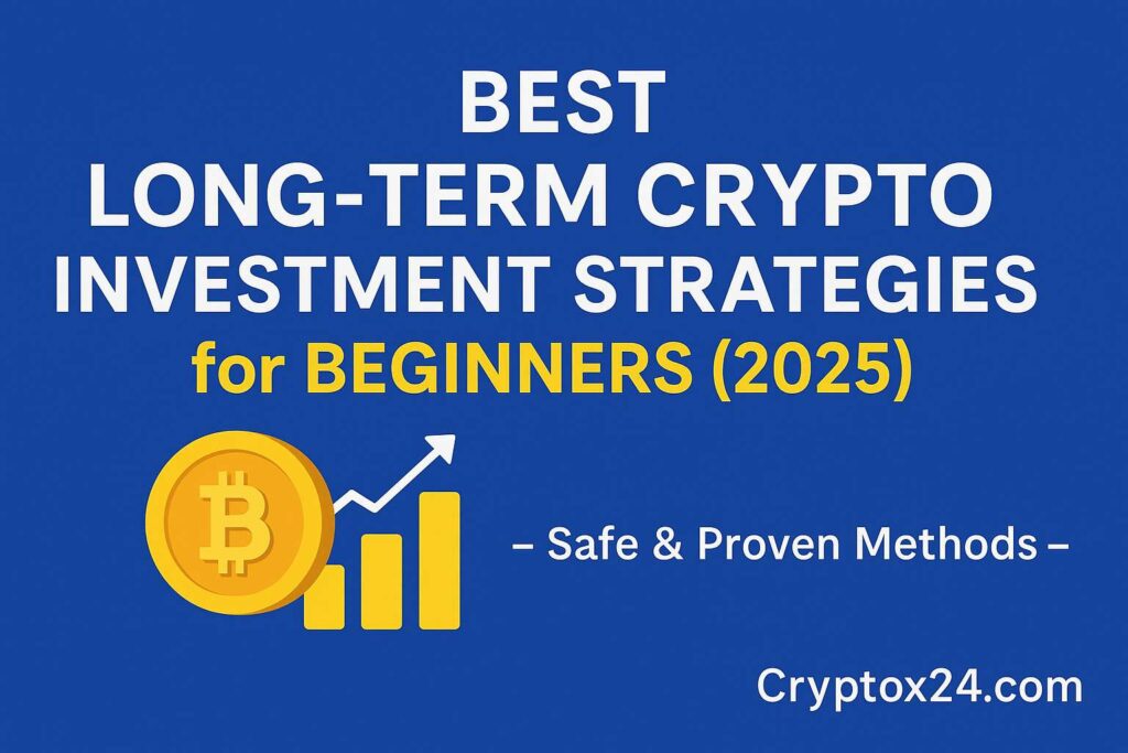 Infographic showing Best Long-Term Crypto Investment Strategies for Beginners 2025 – Safe and Proven Methods with Bitcoin and growth chart.